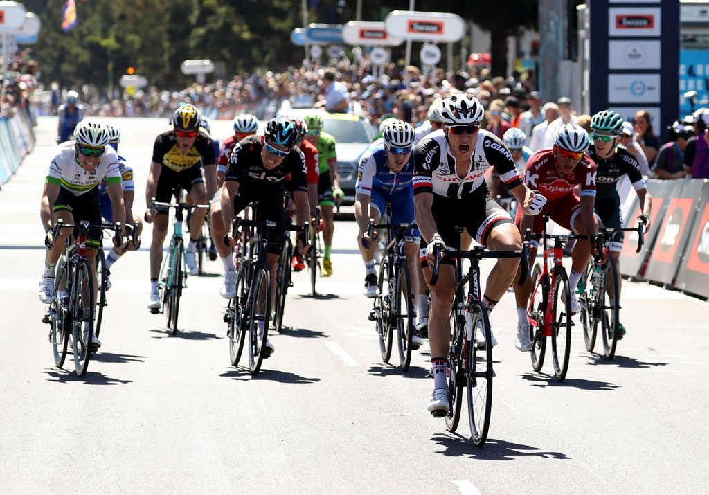 Nikias Arndt celebrating his narrow win to take out the Cadel Evans Great Ocean Road Race