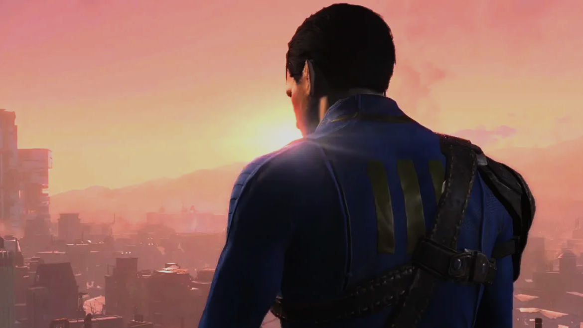 An in-game image from Fallout 4, showing a man from the back who is overlooking a city.