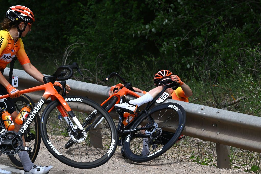 GUADALAJARA SPAIN MAY 04 LR Dilyxine Miermont of France and Coralie Demay of France and St MichelMavicAuber 93 after being involved in a crash during the 9th La Vuelta Femenina 2023 Stage 4 a 1331km stage from Cuenca to Guadalajara UCIWWT on May 04 2023 in Guadalajara Spain Photo by Dario BelingheriGetty Images
