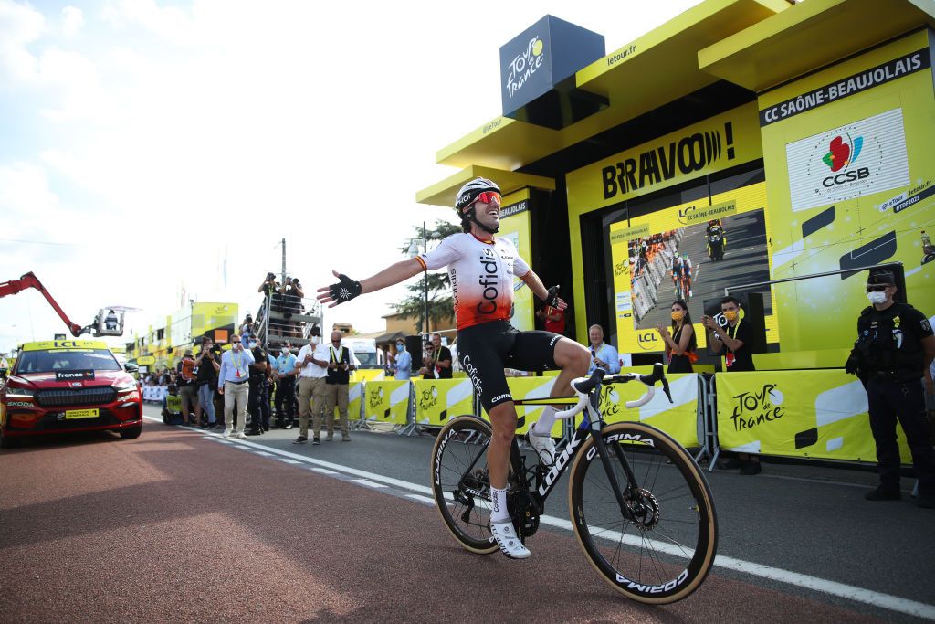 BELLEVILLEENBEAUJOLAIS FRANCE JULY 13 Ion Izagirre of Spain and Team Cofidis celebrates at finish line as stage winner during the stage twelve of the 110th Tour de France 2023 a 1688km stage from Roanne to Belleville en Beaujolais UCIWT on July 13 2023 in Belleville en Beaujolais France Photo by Michael SteeleGetty Images