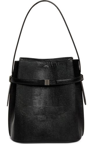 Belted Lizard Embossed Leather Bucket Shoulder Bag