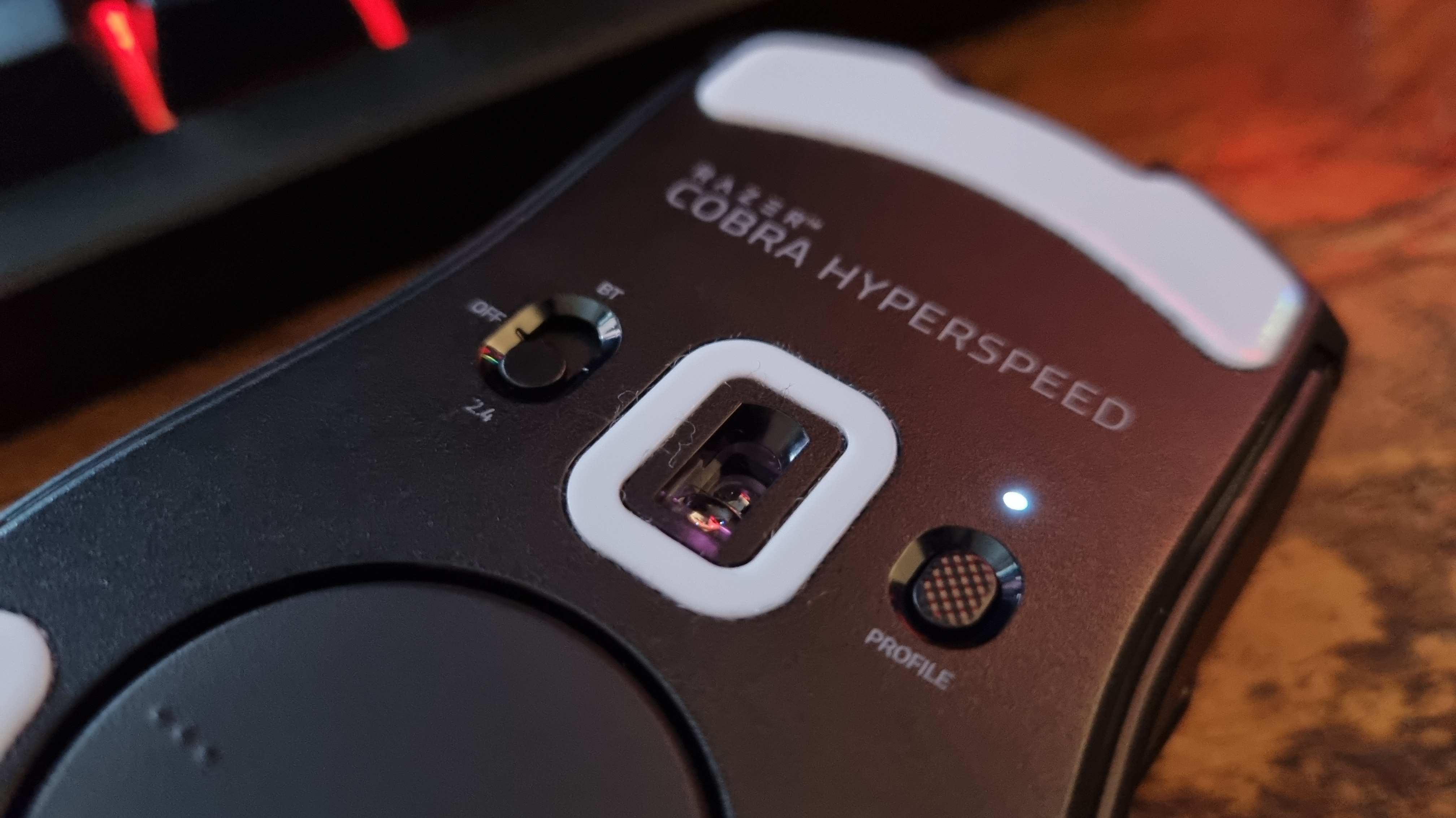 The underside of the Razer Cobra HyperSpeed gaming mouse