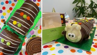 supermarket caterpillar cake taste test collage showing Cecil the caterpillar cake from Waitrose