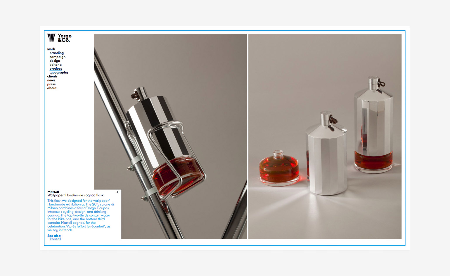 Side by side photos on Yorgo & Co's website. Left image shows a metal flask in a bike flash holder. Right, two of the bottles.
