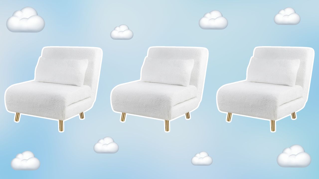 Three white sleeper chairs on blue background with clouds