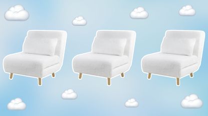 Three white sleeper chairs on blue background with clouds