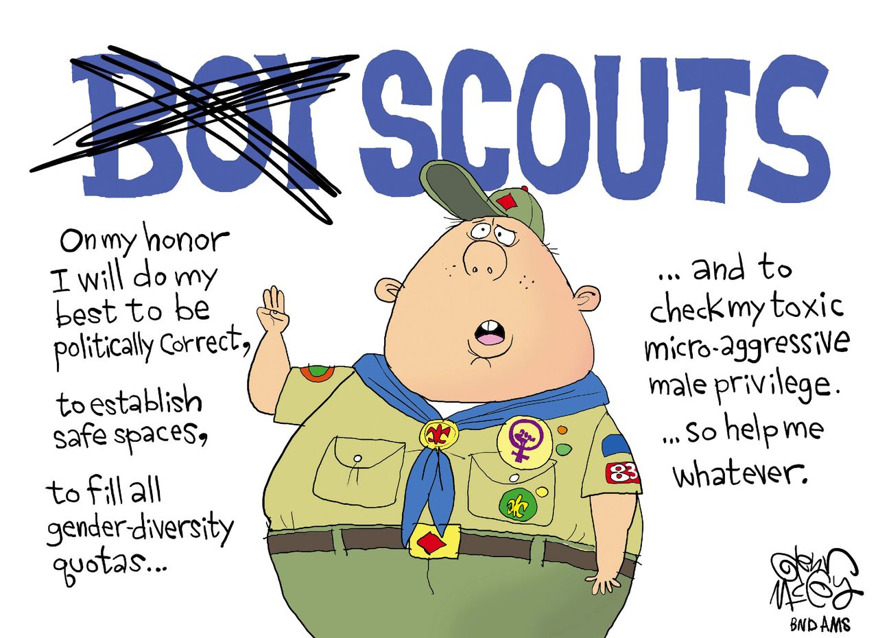 Editorial cartoon U.S. Boy Scouts political correctness gender diversity