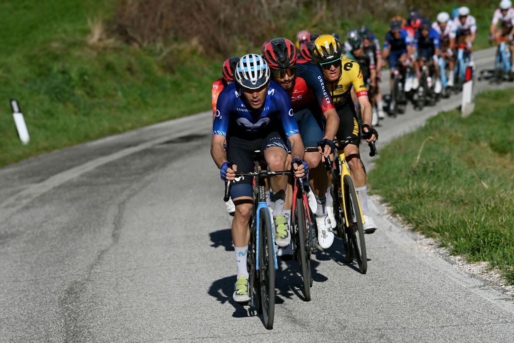 SARNANOSASSORETTO ITALY MARCH 10 Alex Aranburu Deba of Spain and Movistar Team leads the peloton during the 58th TirrenoAdriatico 2023 Stage 5 a 1656km stage from Morro dOro to SarnanoSassotetto 1451m UCIWT TirrenoAdriatico on March 10 2023 in SarnanoSassotetto Italy Photo by Tim de WaeleGetty Images