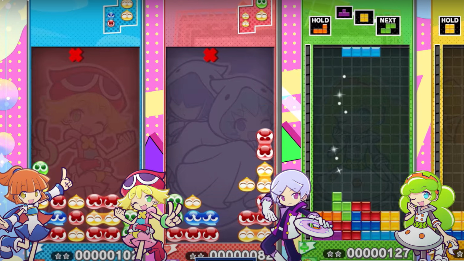 A screenshot of four characters in the Switch 2 launch game, Puyo Puyo Tetris 2S.