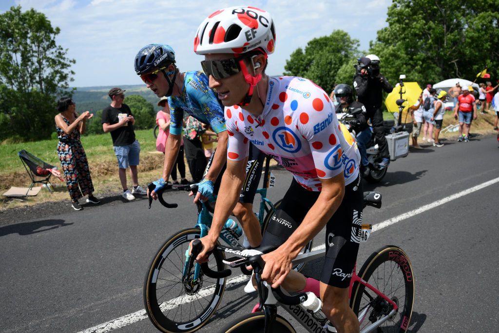 ISSOIRE FRANCE JULY 11 LR Yevgeniy Fedorov of Kazakhstan and Astana Qazaqstan Team and Neilson Powless of The United States and Team EF EducationEasyPost Polka dot Mountain Jersey competes during the stage ten of the 110th Tour de France 2023 a 1672km stage from Vulcania to Issoire UCIWT on July 11 2023 in Issoire France Photo by David RamosGetty Images