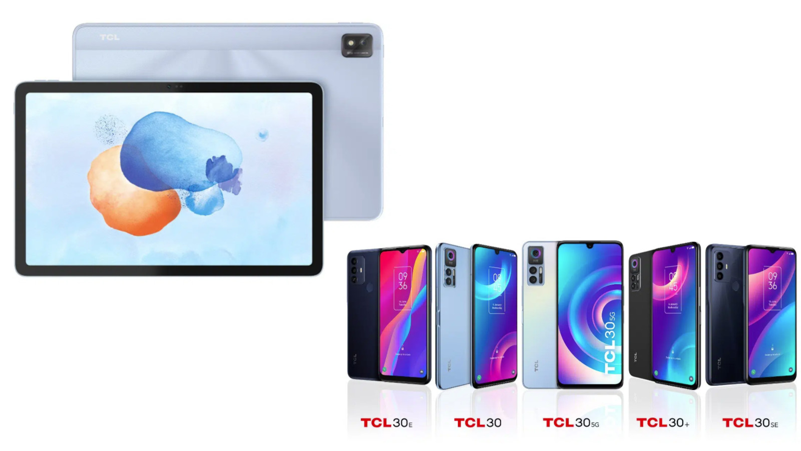 A composite image of the TCL Nxtpaper Max 10 tablet and the five TCL 30 series phones.