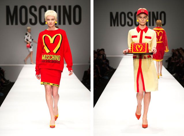 2 individual images with Female models on the runway of Moschino A/W 2014 b fashion show