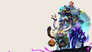 Key art of Evercore Heroes showing the currently-revealed heroes atop a cliff swirling with purple magic.