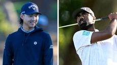 Min Woo Lee and Sahith Theegala walk along the fairway