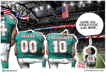 Political cartoon U.S. Miami Dolphins football sports protest national anthem NFL policy