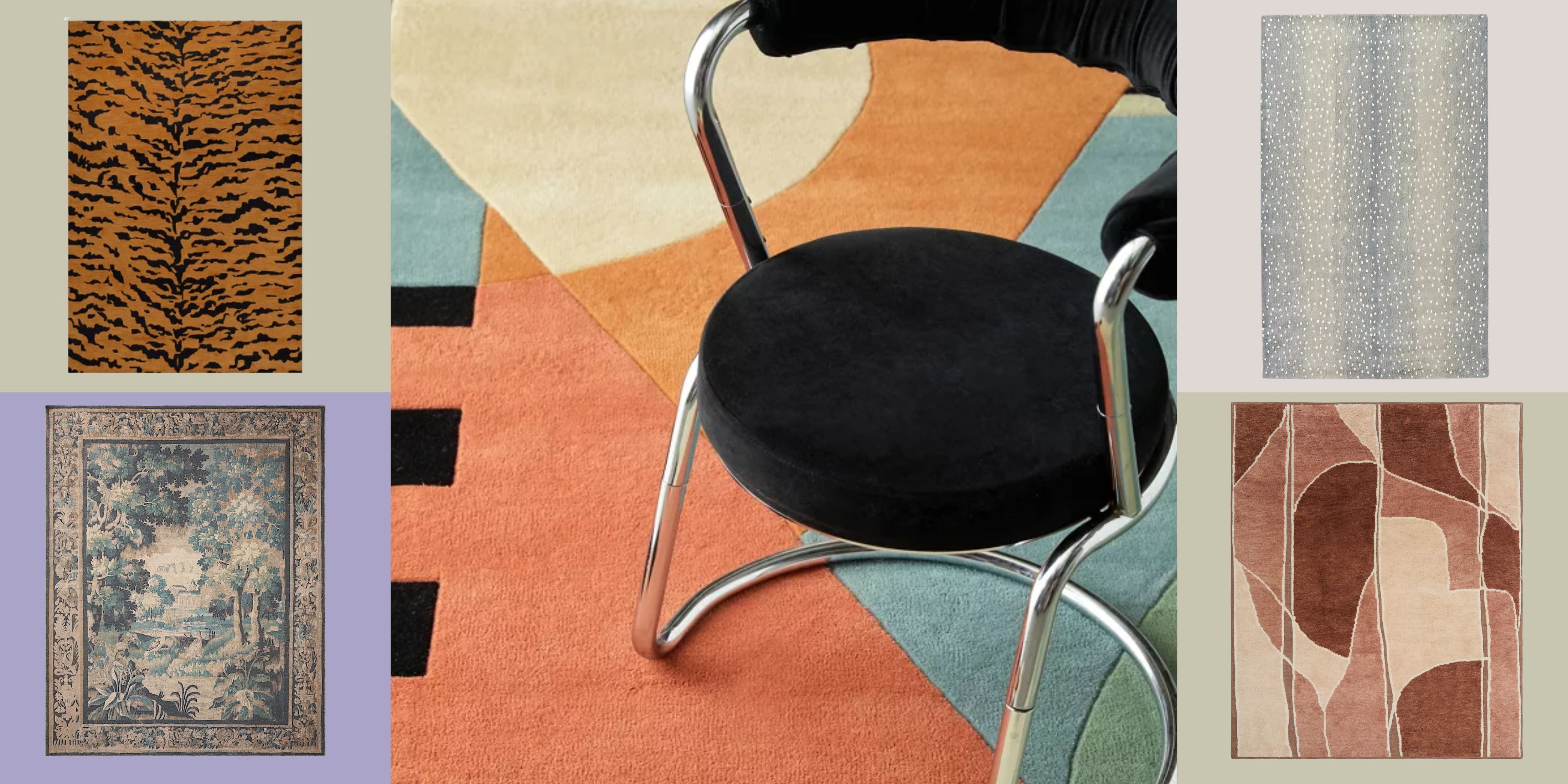 A collection of modern rugs against a colorful background