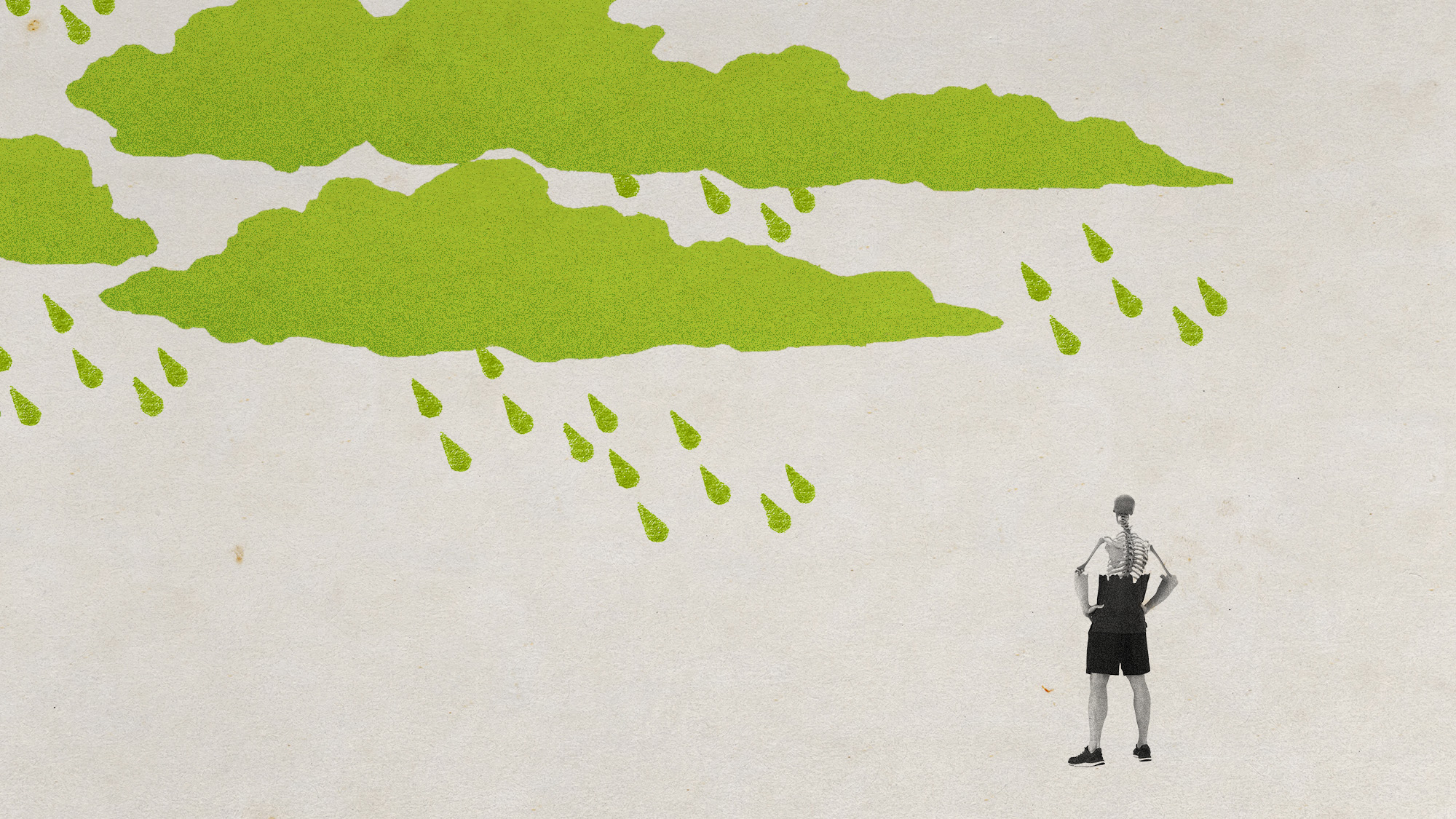 Photo collage of a vivid green cloud and rain droplets falling on a small silhouette of a man. The upper half of his body has melted away and is showing his skeleton.