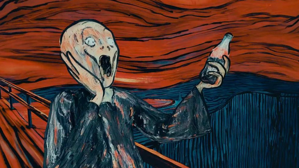 Coca-cola ad; The Scream painting holds a bottle of Coca-Cola