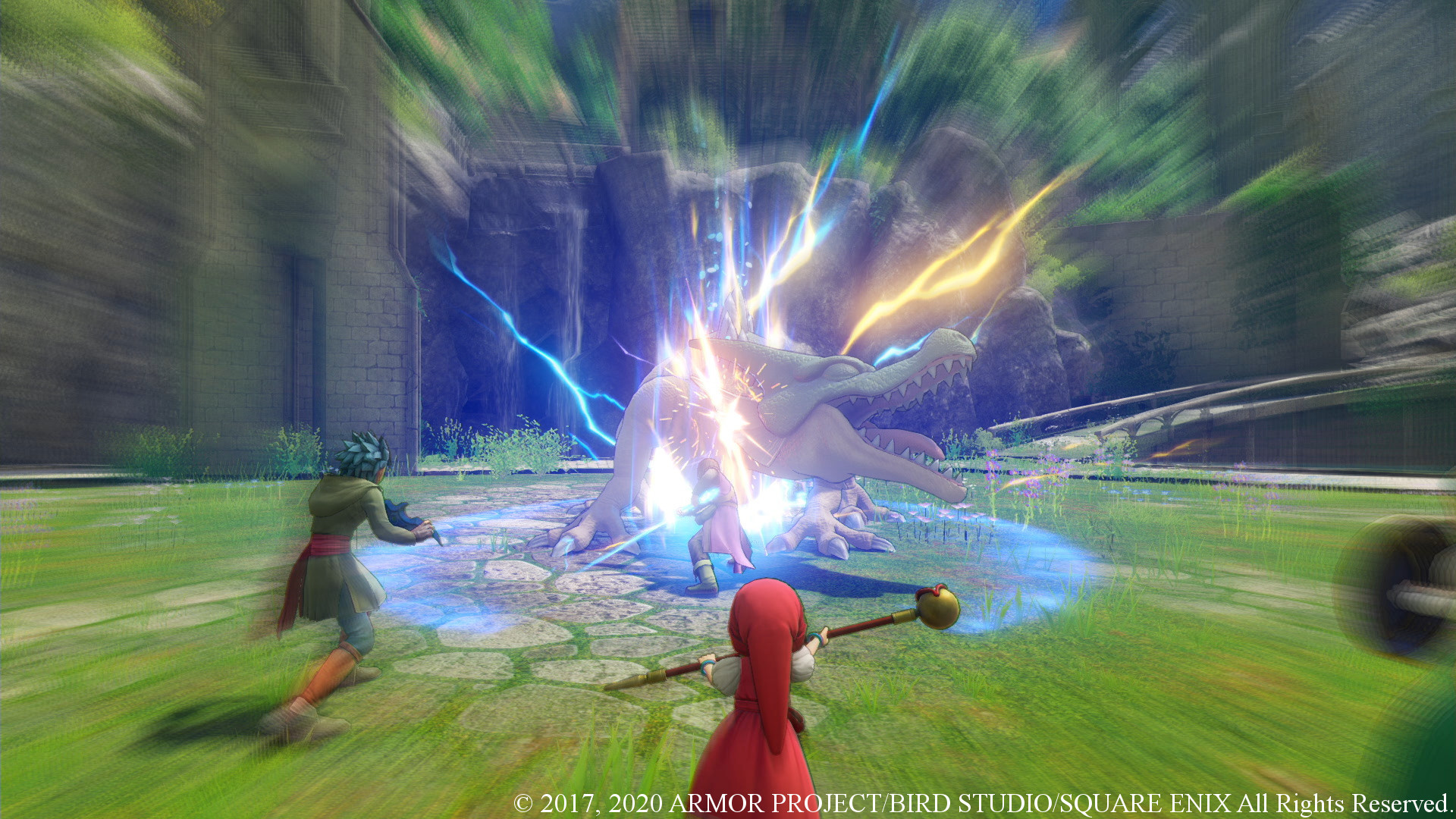 Best JRPGs - The party attacks an enemy dragon with a lightning spell in Dragon Quest 11 S.