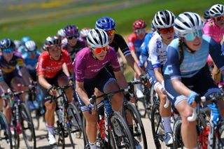 Elisa Longo Borghini wearing the Women's WorldTour leader's jersey at the Vuelta a Burgos Feminas