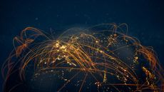 A digital map of Europe, from the west to Russia, covered with glowing orange lines curving in the air from one country to the next to represent Russia's cyber threat and Russian cyber attacks.