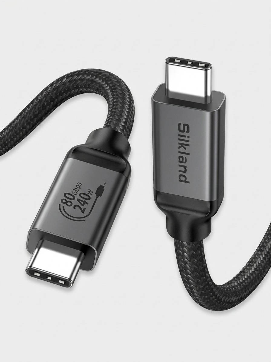 A Silkland USB Type-C/USB 4/ Thunderbolt 5 cable on a grey background