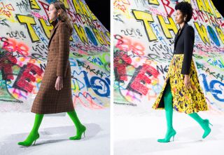 Model is seen wearing a brown checkered coat with bright green sock heels. Right, model wears a patterned yellow skirt with a tailored blazer, including green sock heels.