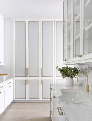 A white kitchen with a built-in cupboard with great paneling and modern hardware