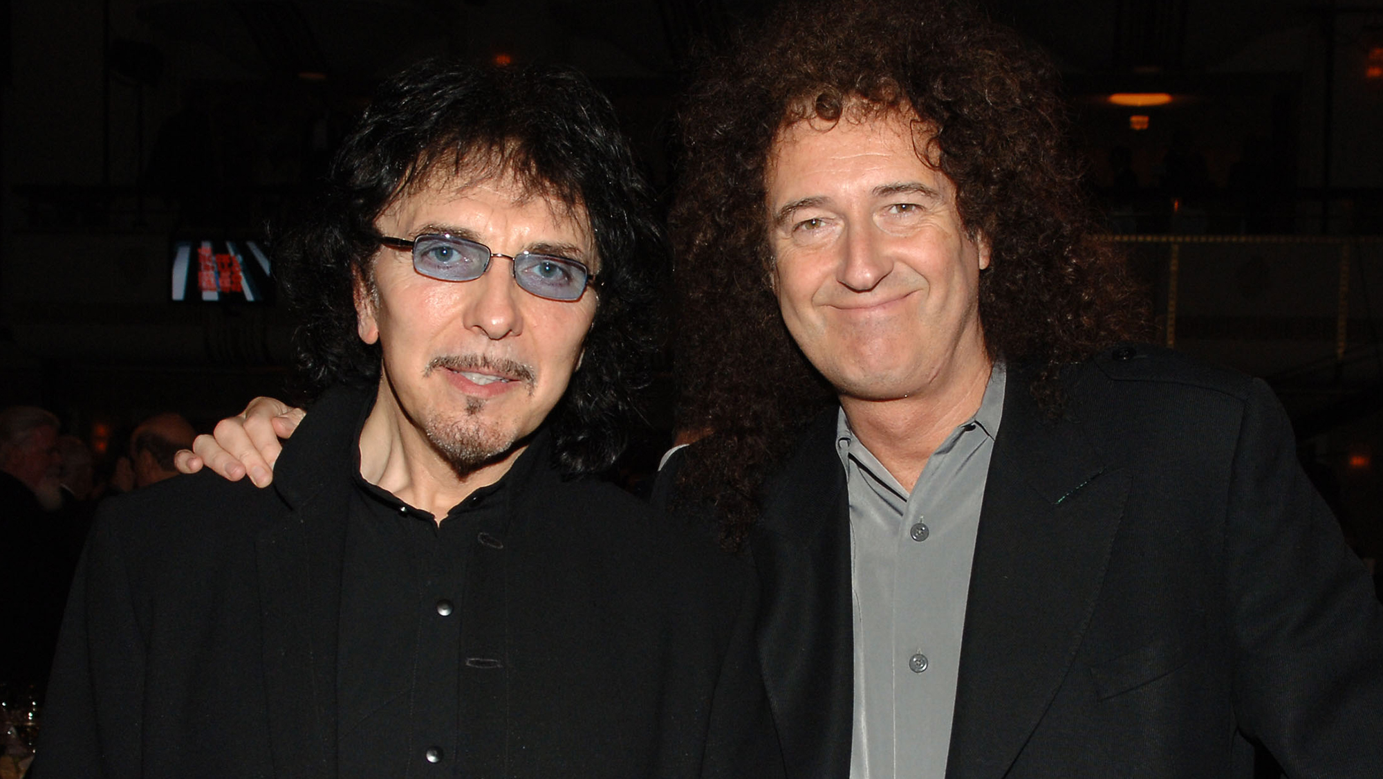 Tony Iommi of Black Sabbath, inductee, and Brian May of Queen 