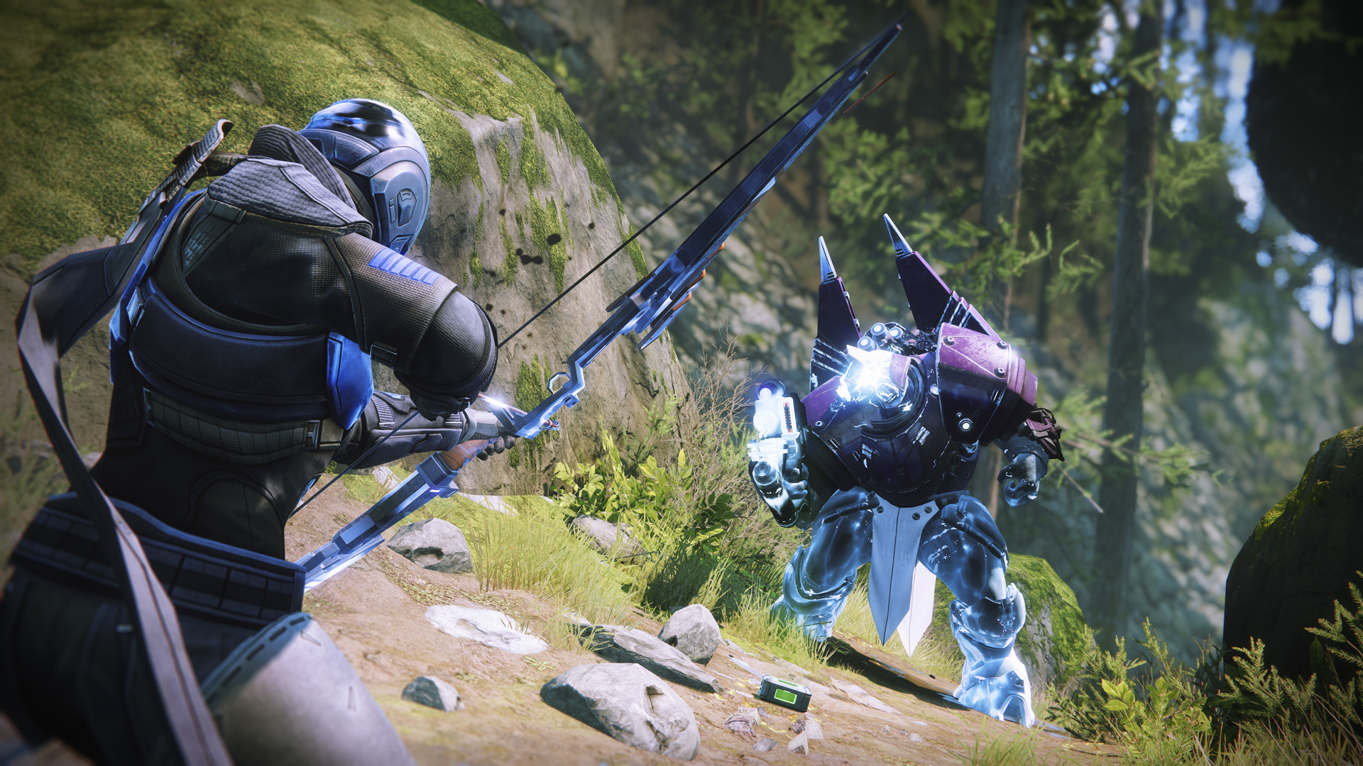 A Guardian aims a bow at a Taken.