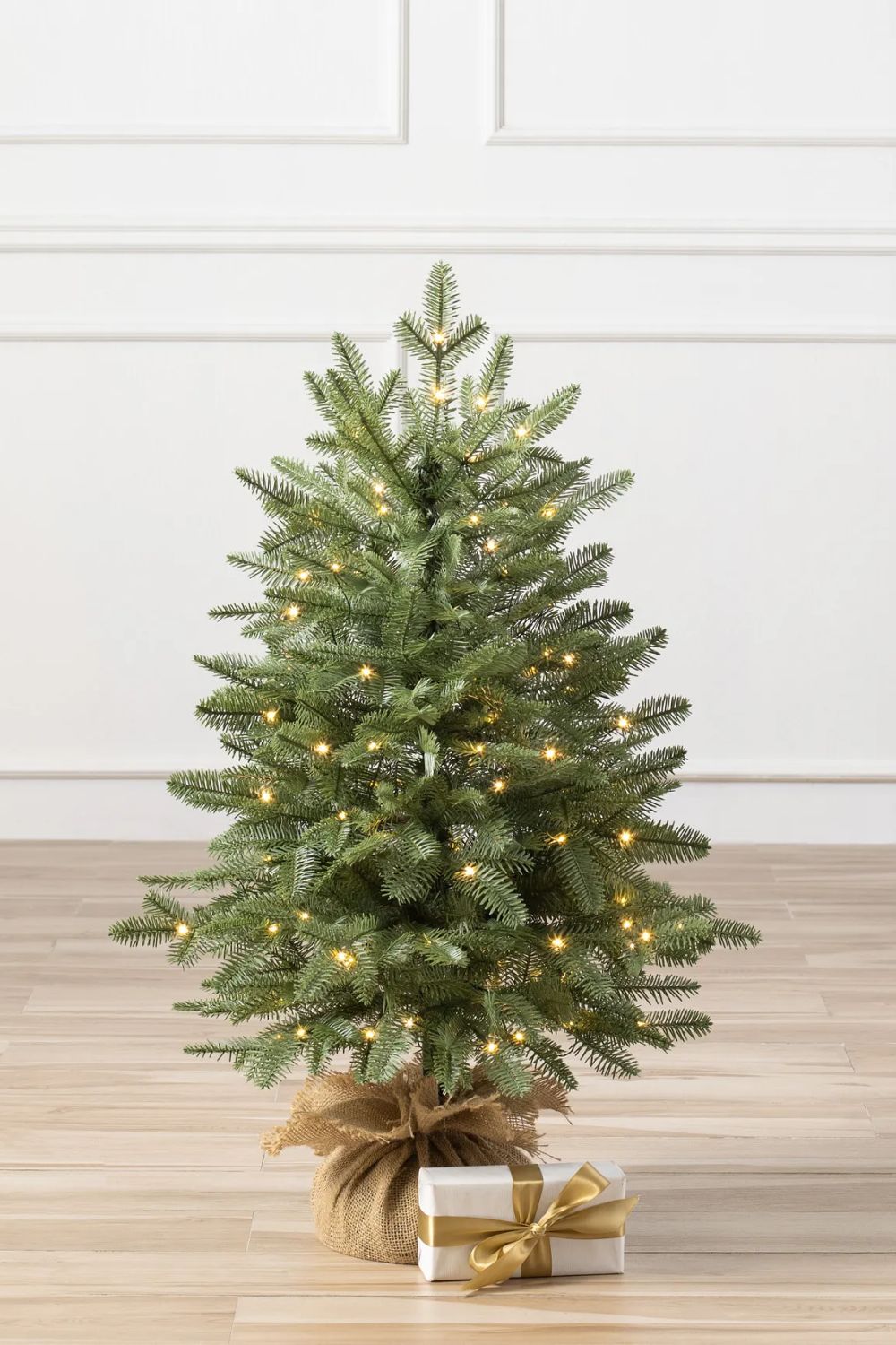 Pre-lit tabletop Christmas tree with burlap sack base