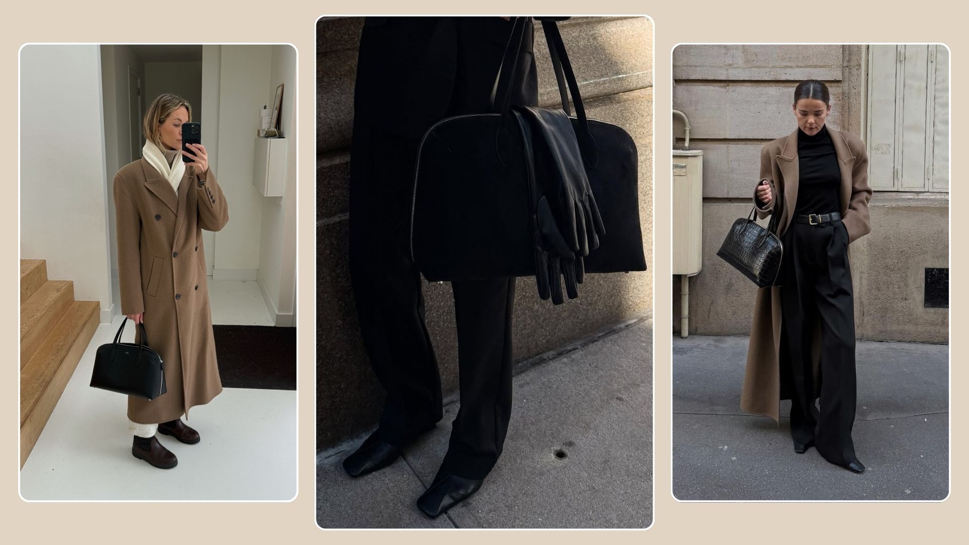 Woman wears camel coat, white trousers, black boots, black bag; woman wears camel coat, black trousers, carries black bag; woman wears cream coat, black trousers carries black bag