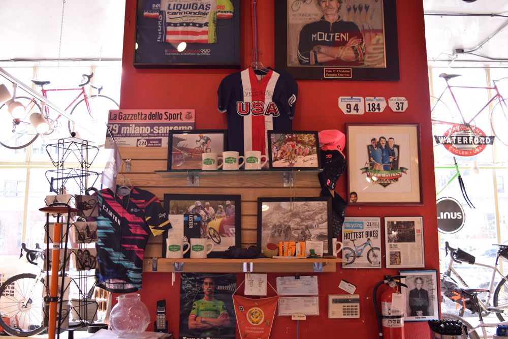 Taylor Phinney's signed USA Cycling jersey takes pride of place at the front of the bike shop