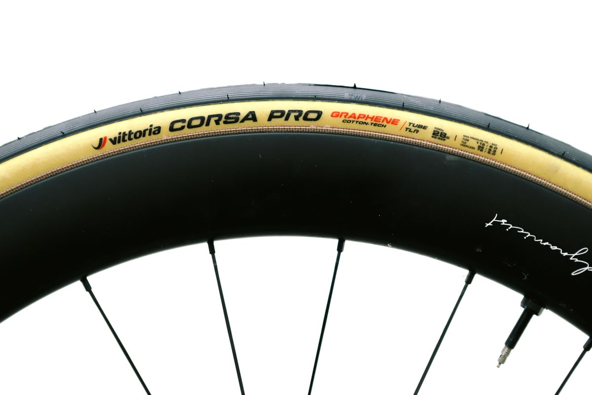 A tan bicycle tyre on a white background