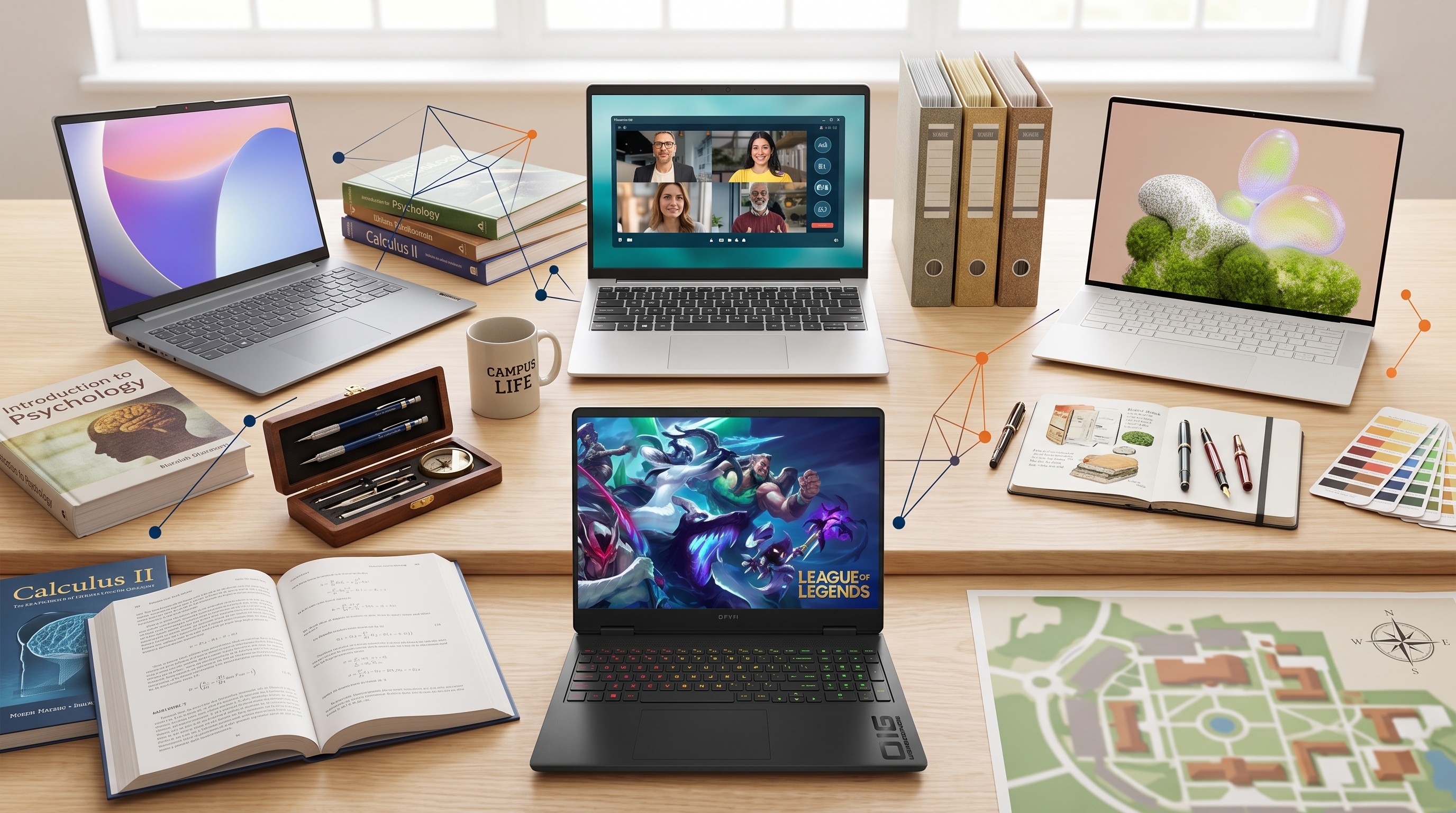 Dell, HP, and Lenovo laptops arranged on a college desk with stationary.