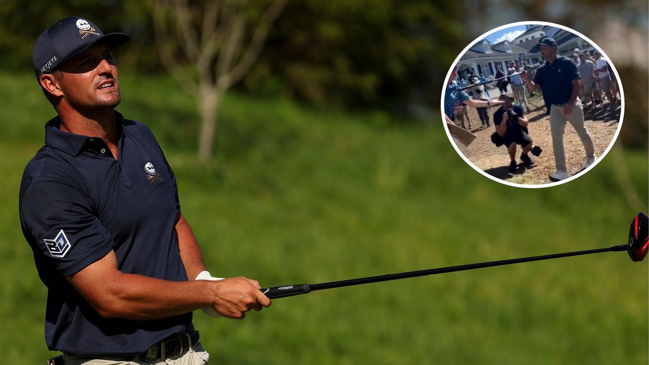 Bryson DeChambeau hits a tee shot 