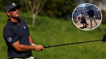 Bryson DeChambeau hits a tee shot 