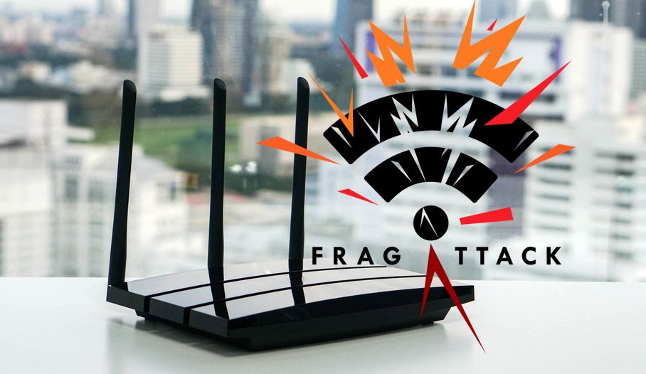 A Wi-Fi router with the FragAttacks logo superimposed on the image.