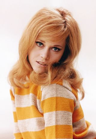 American actress Jane Fonda wearing a yellow and white striped jersey, circa 1965