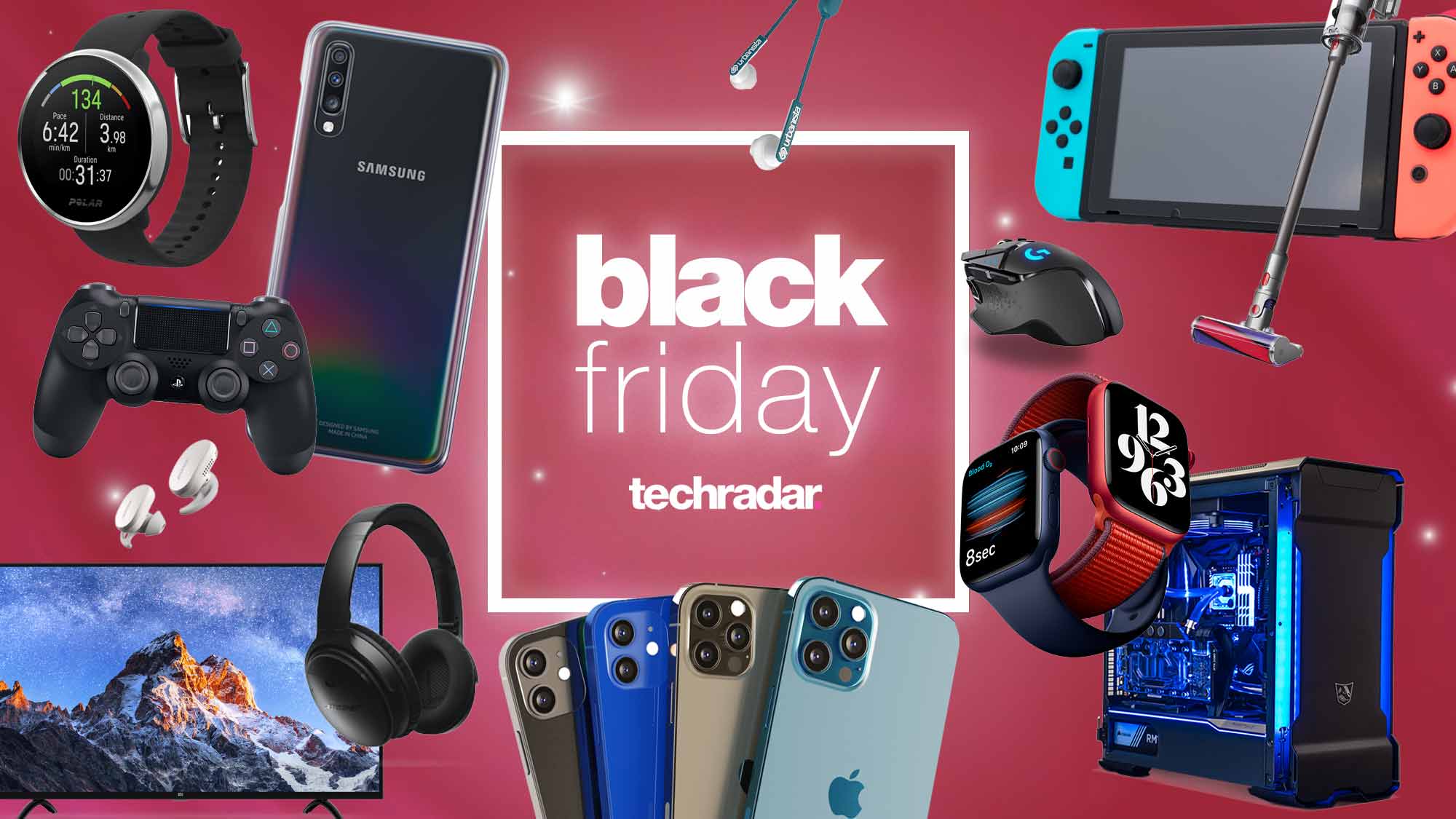Black Friday deals text surrounded by products including a vacuum, headphones, console controller and more