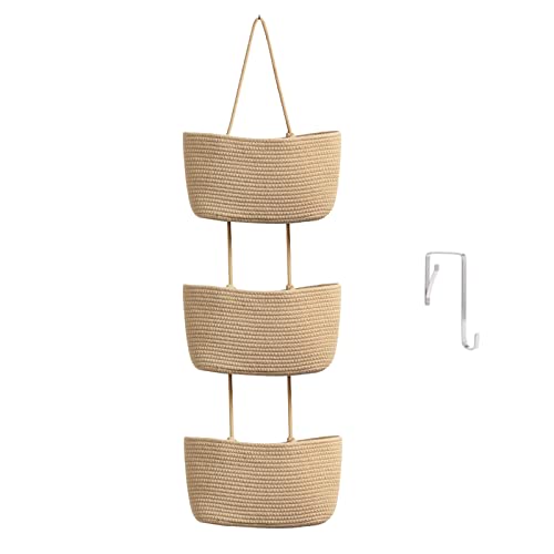 Teokj Over the Door Hanging Basket, 3-Tier Woven Cotton Wall-Mounted Storage Organizer Bag Decorative Hanging Nursery Baskets, Jute
