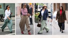Four images of women wearing wide leg trousers
