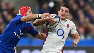 George Furbank of England is tackled by Gabin Villiere of France during a Guinness Six Nations Rugby match between France and England.