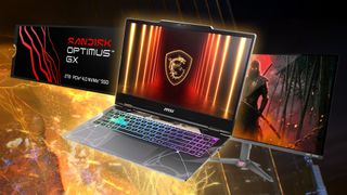 MSI 15.6-inch Cyborg A15 laptop with SanDisk Optimus GX 7100 SSD and Acer Nitro monitor on a bright background