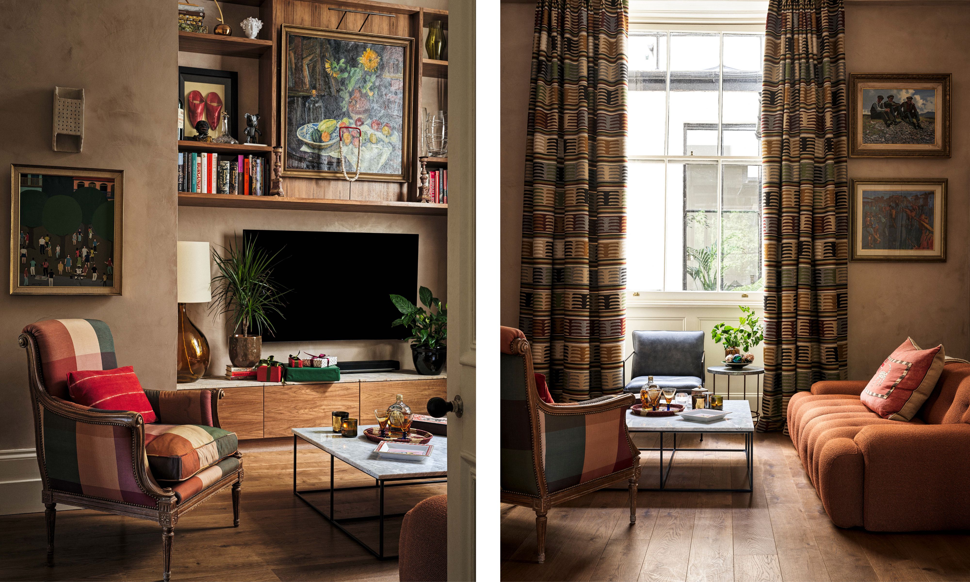 Split image of a living room: Left: Armchair upholstered in a multi-colored plaid fabric facing a TV built into shelves. Right: Same room showing a textured orange sofa and striped curtains next to a window.