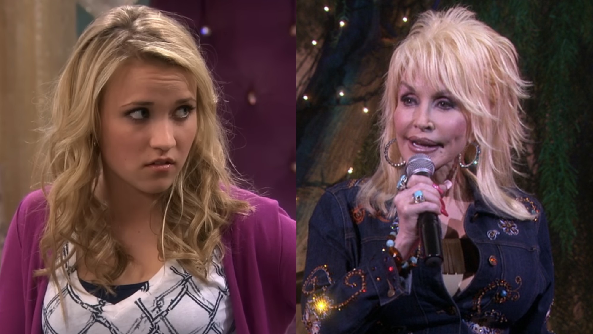 Lily Truscott (Emily Osment) and Aunt Dolly (Dolly Parton) appear on Hannah Montana.