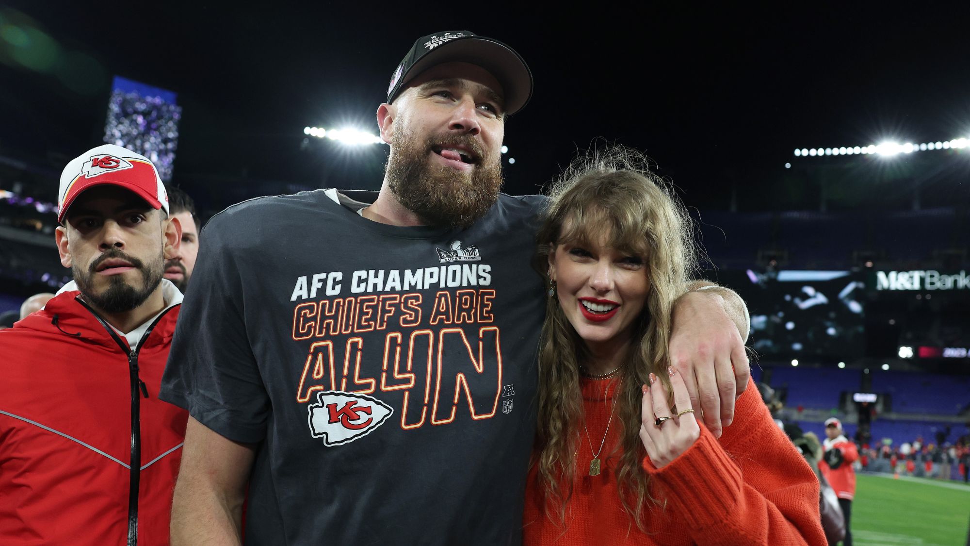Travis Kelce and Taylor Swift after a Kansas City Chiefs match