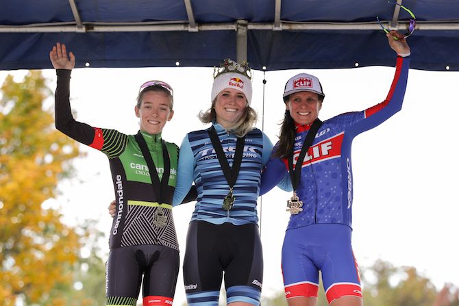 The women's podium for the C2 race at the 2018 CincyCX (l to r): Kaitie Keough, winner Ellen Noble, Katerina Nash