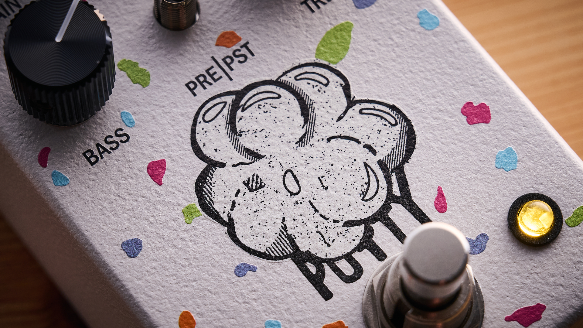 Close up of the logo on the Attic Audio Putty Saturation Preamp pedal