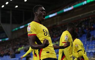 Ismaila Sarr of Watford celebrates after scoring their team's second goal during the Sky Bet Championship between Cardiff City and Watford at Cardiff City Stadium on November 02, 2022 in Cardiff, Wales.